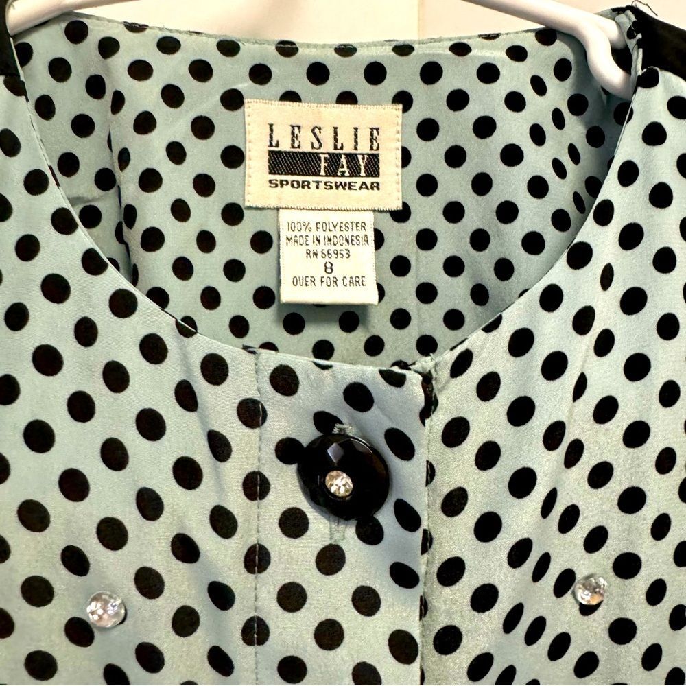 Vintage Leslie Fay Aqua Black Polka Dot Rhinestone Blouse Retro 80s 8 - Picture 4 of 7
